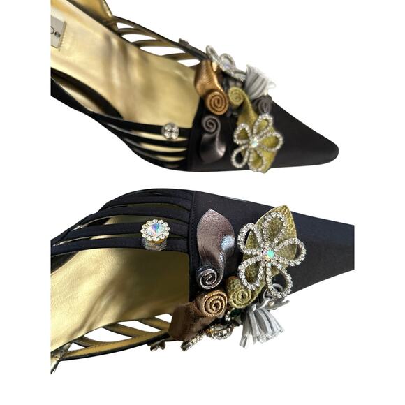 Vintage Y2K Black Pointed Toe Heel Floral Rhinestone Embellished - Picture 2 of 8